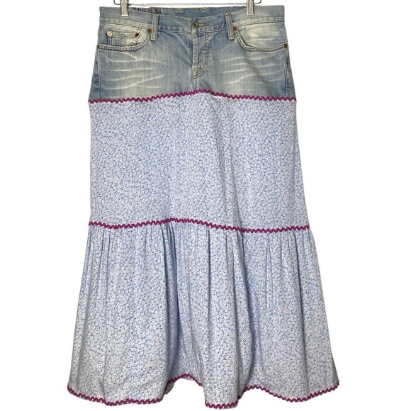 Vintage Y2K Lucky Denim Skirt Size 12 Cowgirl Floral Rickrack Hippie Handmade - Picture 1 of 6